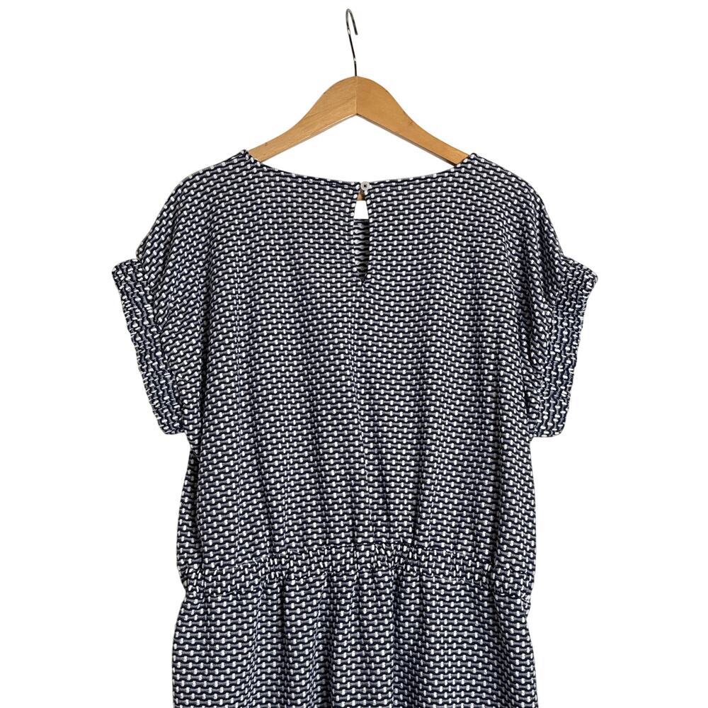 LOFT Navy & White Textured Stripe Blouson Dress XL Elastic Waist Short Sleeve - Picture 7 of 9